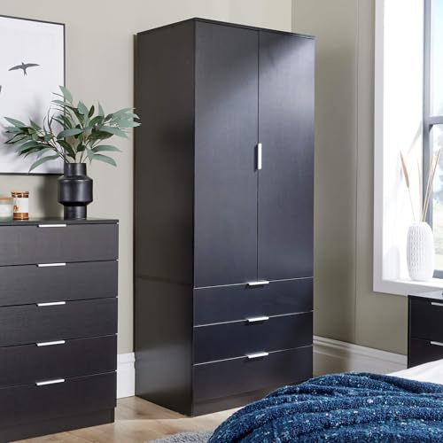 Home Source Phoenix Wardrobe with 2 Doors & 3 Drawers | 181cm Tall Black| Hanging Rail & Storage Shelf | Contemporary Bedroom Furniture | 50D x 75W x 181H cm