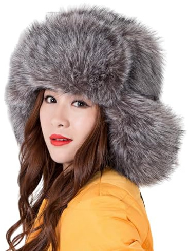 Generisch Kunstpelz-Trappermütze für Damen, Russische Schapka Uschanka Plüschmütze Warme Wintermütze für Ski, Snowboarden, Wandern, Camping (DE/NL/SE/PL, Alphanumerisch, Einheitsgröße, Grau)