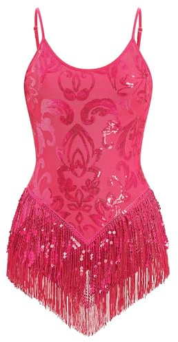 FYMNSI Damen Pailletten Latein Tanz Body Rave Outfit Ballettbody �rmellos Glitzer Gymnastikbody Quaste Bodysuit Damenbody Stringbody Trikot Leotard Overalls Turnanzug Ballettanzug Rose M