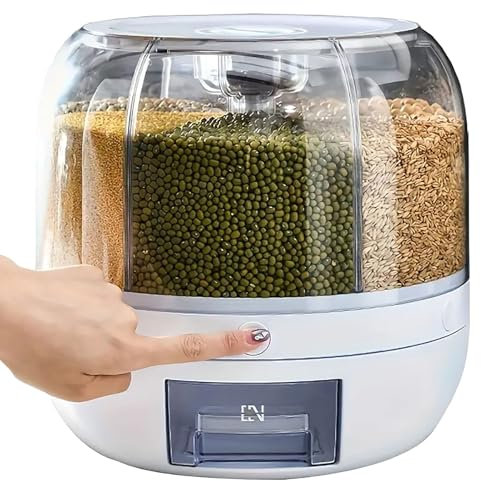 WYSYZJJ Rotating grain storage container,rice dispenser,6-compartment rice container, 360° rotating food dispenser One-Click Output rice Storage Round Grain Dispenser Kitchen for Grains, Beans, Rice.