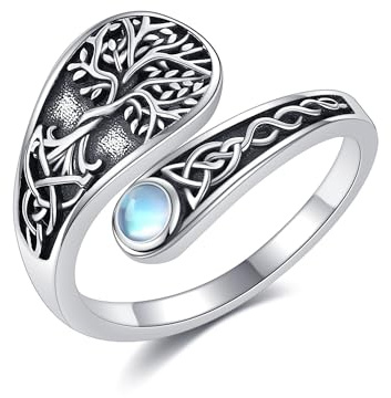 DAYLINLOVE Baum des Lebens Ring 925er Sterling Silber Keltischer Knoten Mondstein Einstellbarer Offener Daumen Ring Baum des Lebens Schmuck Geschenke für Damen Frauen Mädchen Mama Oma