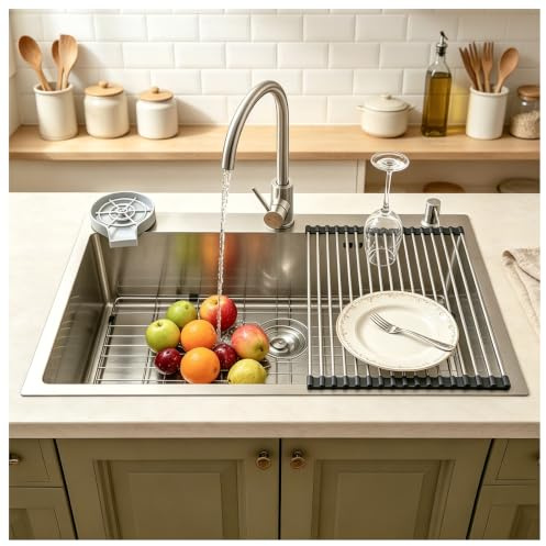 HZKSINNK 70x50cm Fregadero Cocina 1 Seno, Grande Acero Inoxidable 50cm de ancho Fregadero sobre Encimera, Cuadrado Fregaderos Un Seno con 3 agujeros, Sifón, Dispensador de Jabón y Juego de Desagüe