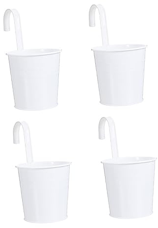 MOTHNUR 4pcs Hanging Iron Flower Buckets Planter with Drainage Holes, Detachable Hooks Balcony Hanging Buckets for Garden Bonsai and Home Decoration (10x10x8cm, White
