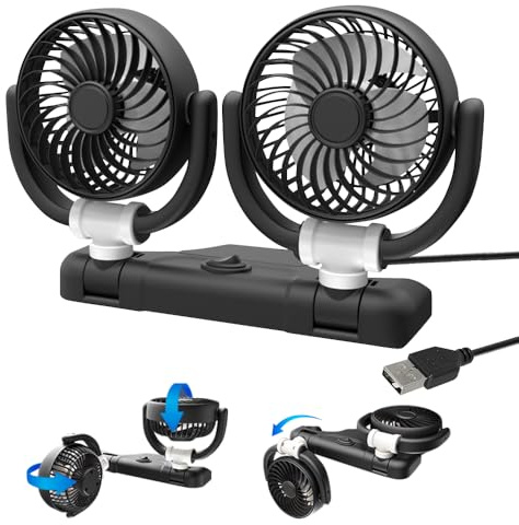 5V Ventilateur USB Portable de Voiture à Double Tête avec 2 Vitesses, Refroidissement Rotation Horizontale à 360° pour Camion, Camionnette, SUV