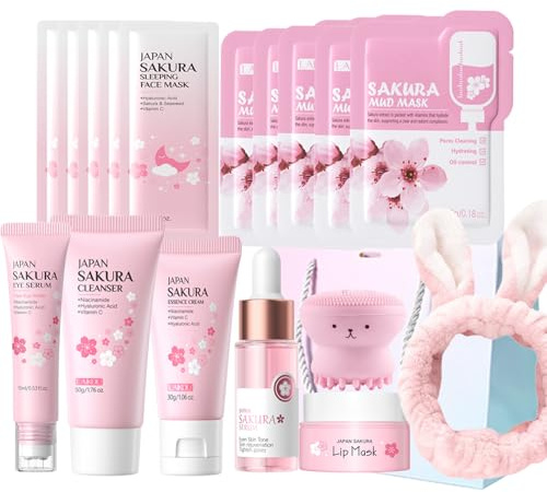Sakura Sakura Gesichtspflege Set, 17pcs Feuchtigkeit Hautpflege Sets für Teenager-Mädchen,Anti-aging Gesichtspflege Set Pamper Geschenk Set für Mädchen Frauen Mutter Tochter Geburtstag Weihnachten