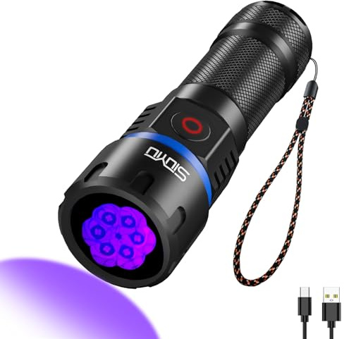 Siuyiu 60 W 365 nm UV-ficklampa svart ljus, höga och låga lägen, 6 LED-pärlor, 4 000 mW UV-ljusintensitet, USB-C-uppladdningsbart batteri, IP65 vattentät ficklampa med ZWB2 kvartsfilterlins