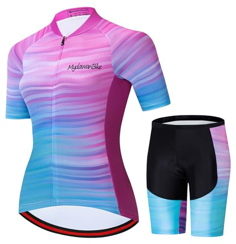 Conjunto Ropa Ciclismo Mujer Verano Traje Bici MTB,Maillot Ciclista Manga Corta Camiseta Ciclo y Pantalones Cortos con 19D Gel Acolchado,Completa Bicicleta Jerseys Transpirable Secado Rápido(11,M)