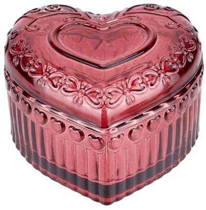 HOBBIESAY 1 boîte de rangement vintage en verre rouge en forme de cœur en relief - Boîte à bijoux romantique en verre cristal pour bagues, boucles d'oreilles, bracelets, colliers, coiffeuse