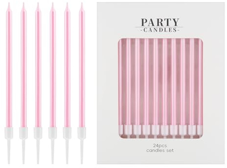 mciskin Rosa Geburtstagskerzen, rosa Geburtstagsdekorationen für Mädchen und Frauen, 24 Stück lange Partykerzen für Kuchen, Perlenkerzen für Mädchen und Frauen, Motto-Party-Dekorationen