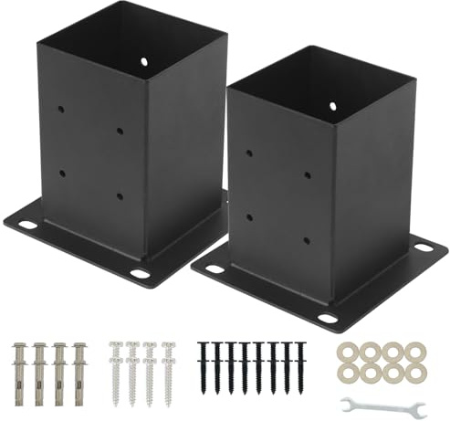 Metovate 4x4 Post Base 2Pcs(Inner Size 3.55x 3.55) Concrete Post Brackets Anchors 13 Gauge Thick Solid Steel Heavy Duty Stainless Steel Screws Black Powder Coated for Wood,Pergola,Decking,Railing