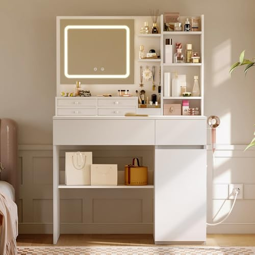 Coleshome Schminktisch mit Beleuchtung LED Spiegel und Steckdose, Kosmetiktisch mit Schubladen, Organizer und Regal, Moderner Frisiertisch für Schlafzimmer, Weiß 90x40x136cm
