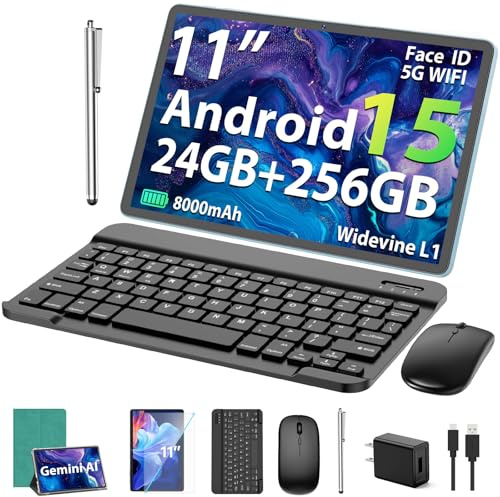 Suicoey 2026 11 inch Android 15 Tablet with Keyboard, 24GB+256GB, 2TB Expand, 8000mAh, 5MP+13MP, 5G WiFi, Gemini AI, Split Screen, Widevine L1, 2 in 1 Tablets PC with Case, Mouse, Stylus(Green Case)