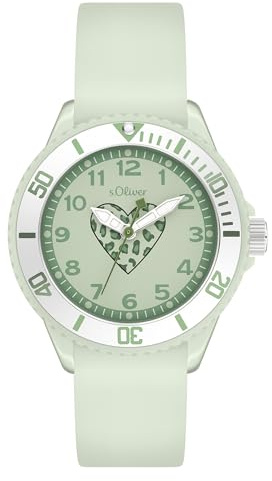 s.Oliver Kinderuhr - Rund - Grön - 38 mm - Uhr aus Kunststoff med kvartsrörelse på silikonband med Dornschließe - analogt armbandsur - 5 ATM vattentät - reptålig