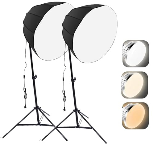 Domary Kit di Illuminazione Fotografica Professionale Lampadina a Risparmio Energetico da 85 W Telecomando Luminosità Regolabile in 3 Colori Softbox a 12 Lati da 60 Cm Treppiede 2,1 M (Spina europea)