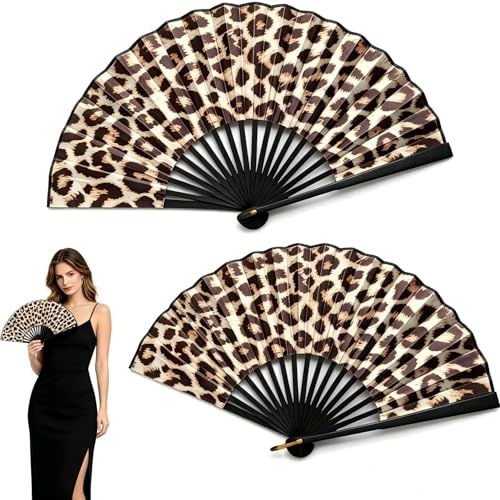 Lroyepo 2PCS Hand Fans Folding, Rave Fans Handheld Fan Folding Fan, Leopard Pattern Fabric Folding Hand Fan for Summer, Wedding, Performance, Dancing, Home Decoration