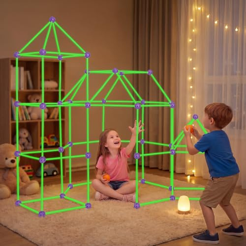 besrey 133 stycken barngrotta, grottbyggsats för barn, Creative Forts | STEM byggleksak & nattlysande trädgårdsleksak i grönt och lila