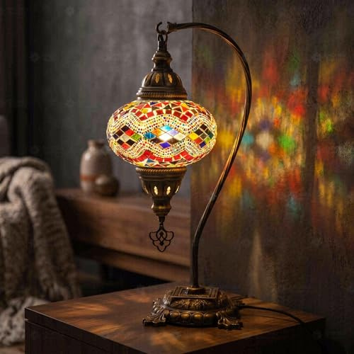 ENVA flerfärgad mosaikbord – turkisk mosaiklampa – handgjord skrivbord med svanhals – marockansk boho sänglampa med antik mässingsfinish