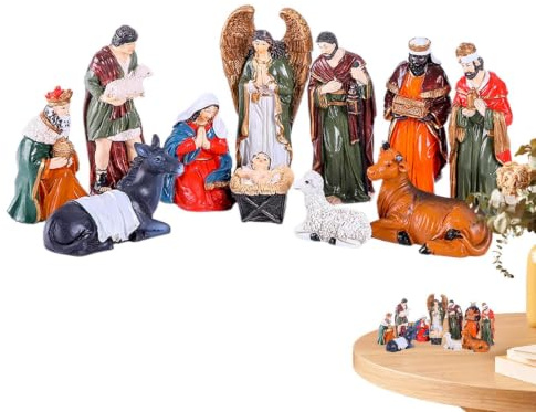 Genérico Födelsekyrkan julfigurer, 11 delar i harts krubba set, hållbara religiösa statyetter, juldekoration för , kyrka, skola