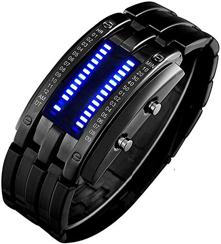 MASTOP Mens Binary Matrix LED Digital Waterproof Watch Unique Fashion Stainless Steel Military Wrist Watches (Black)