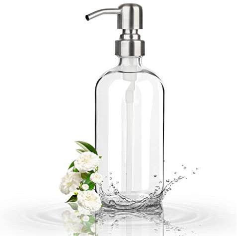 GLUBEE Tvåldispenser i klar glas, 500 ml flytande dispenser för tvätt med pump i rostfritt stål, BPA-fri, miljövänlig för badrum, köksvask