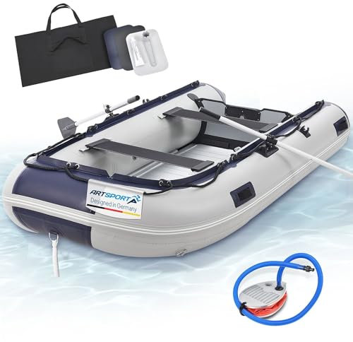 ArtSport Bateau pneumatique 3,20 m pour 4 Personnes avec 2 bancs et Plancher en Aluminium – Bateau à rames avec pagaie, Pompe à air, Sac et kit de réparation – Bateau de pêche Gonflable