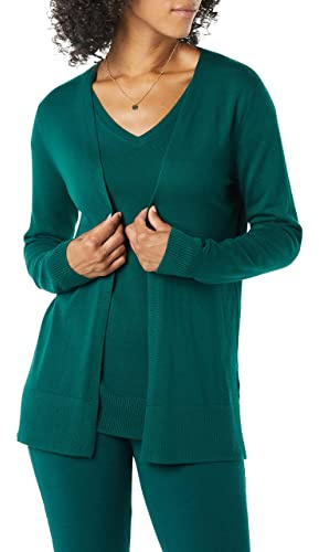 Amazon Essentials Women's Lightweight Long-Sleeve Open-Front Long Cardigan Sweater, Regular Fit, Dark Green, Medium