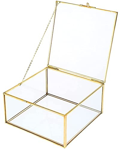 Homtone Golden Vintage Glasbox, Quadrat Terrarium 16x16x8cm | Retro Schmuckkasten Transparent Glass Schmuck Storage Organizer für Hochzeit Geburtstagsfeier Dekor