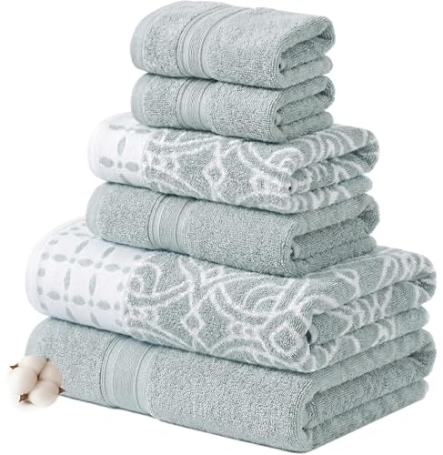 Modern Threads Monroe 6-Piece 100% Cotton Towel Set – Reversible Yarn Dyed Jacquard & Solid – Includes 2 Bath Towels, 2 Hand Towels, 2 Washcloths – Absorbent, Quick Dry, Soft & Durable – Dark Sage