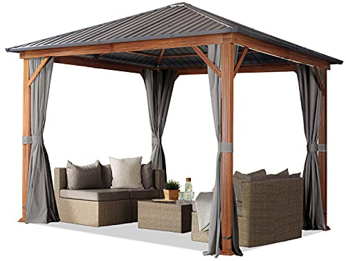 TOOLPORT Garden gazebo 3x3 m wood finish, steel roof hardtop 4 side panels in grey