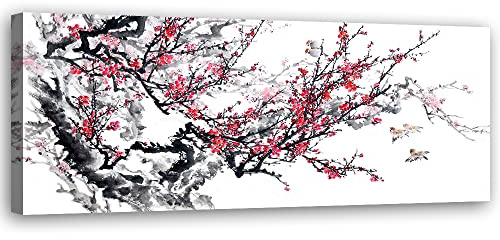Feeby Vlies Leinwandbild Japanischer Garten Natur Zweig Kirschblüte 90x30 cm Wand Bild Kunstdruck Deko Wohnzimmer Wohnungs Deko Zen Spa Orient Asien Rosa