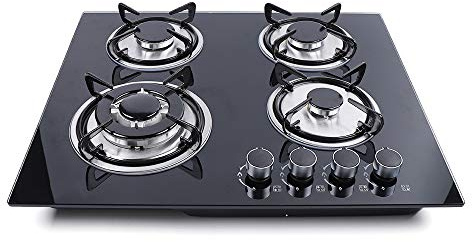 23 Built-in Gas Cooktop 4 Burner, Propane/Natural Gas Cooker, Tempered Glass & Stainless Steel Frame for Home/Commercial Kitchens