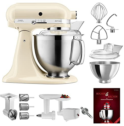 KitchenAid Küchenmaschine Artisan - P22 Multi Set Deluxe 185er (AK) - 5KSM185PSEAC inkl. Gemüseschneider (MVSA), Fleischwolf (5KSMFGA), Pürieraufsatz (5KSMFVSP) und Kochbuch (Kochen & Backen)