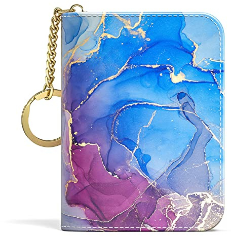 Aiawoxc Kreditkartenetui für Damen, kleine RFID-Karten-Geldbörse, schlankes Leder, Visitenkartenorganizer mit Reißverschluss und Schlüsselanhänger, Violetter Marmor, Modern