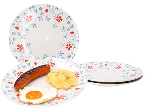 Ritzenhoff & Breker Julia Blume blau 4er Set Speiseteller I Ø 26,5 cm I 4 Personen I Essteller, große Platte, Beilagenteller I florales Design I Porzellan-Geschirr mit rot-blauem Blüten-Dekor