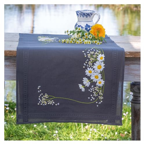 Vervaco Stickpackung Kreuzstich Set Vorgedruckt Tischläufer Gänseblümchen Stickdecken Vorgezeichnet DIY Basteln Erwachsene Kreativ Stickläufer zum Selbersticken 40 x 100 cm Stickset