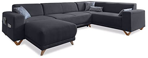 MIUFORM Ecksofa U-Form mit Schlaffunktion und Bettkasten | Classy Sophie | Wohnladschaft Couch Schlafcouch Wohnzimmer Gästezimmer | Holzfüße (Anthrazit, Rechts ausgerichtet)