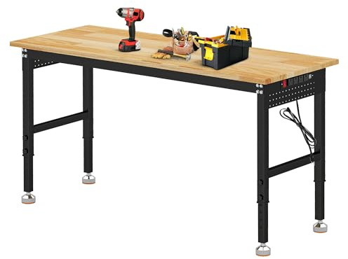 Betterhood Adjustable Height Workbench, 60 Rubber Wood Top Heavy Duty Workstation with Power Outlets, 2000 LBS Load Capacity Hardwood Worktable for Workshop, Garage, Office, Home, Commercial