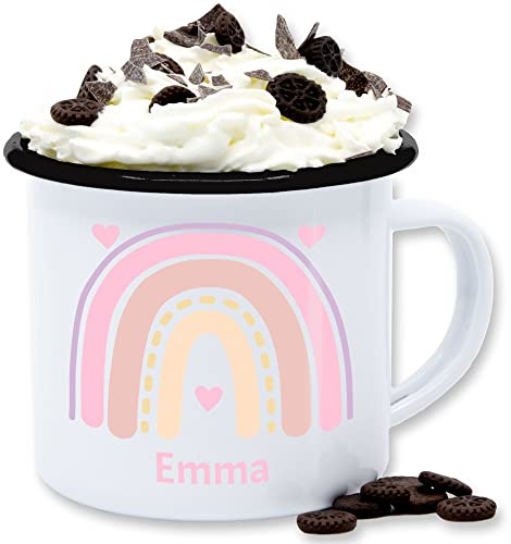 Emaille Tasse Blechtasse - Boho - Regenbogen - Herzchen Name - 300 ml - Weiß Schwarz - personalisierte tassen bohemian chic stil kaffeetasse custom mug individuell becher kaffeetassen bedrucken