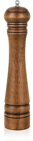 1 Piece Pepper Mill, Haomacro 10 inch Wood Salt Mill Pepper Shaker, Manual Pepper Grinder, Salt Shakers with Adjustable Ceramic Rotor - Refillable Oak Wood Pepper Grinder for Your Kitchen