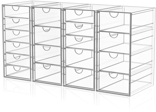 YFXCVSL Acrylic Makeup Organizer with 19 Drawers, 4 Pack Clear Storage Drawers, Bathroom Makeup Organizer for Palettes, Cosmetic, and Beauty Supplies,Ideal for Vanity, Cabinet,Desk Organization