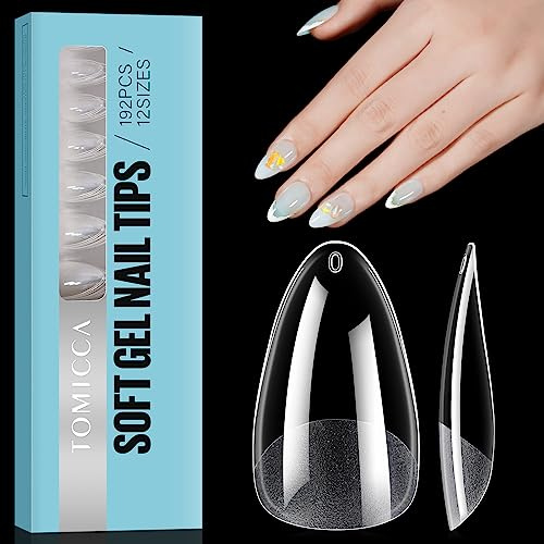 TOMICCA Mandel Kurz Nageltips-Tips für Gelnägel,Gel Full Cover Nail Tips, Pre-Shaped Halbmatt tips nägel Gelly Nagelspitzen für Acrylnägel-192 Pieces 12 Sizes