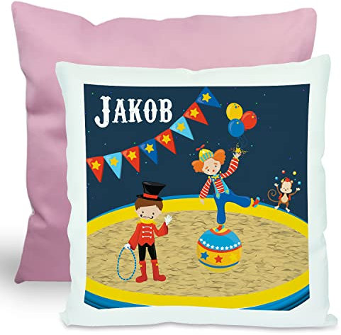 CreaDesign, Kinder Kissen 40x40 cm personalisiert mit Namen, Kinderzimmer Deko Kissen Kinder mit Füllung Federn, Motiv Zirkus, Rückenfarbe Rosa
