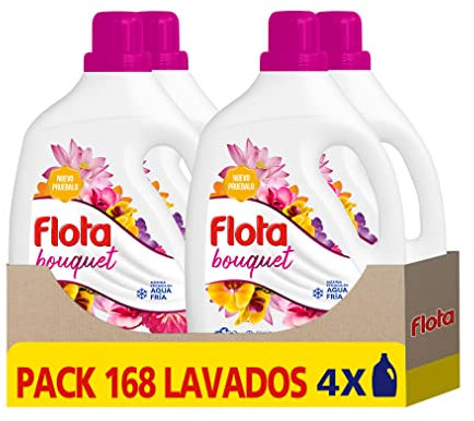 FLOTA | Detergente Líquido Quitamanchas incluso en Agua Fría para Lavadora | Ropa Blanca y de Color | Fragancia Bouquet | Pack de 4 x 42 Lavados = 168 Lavados