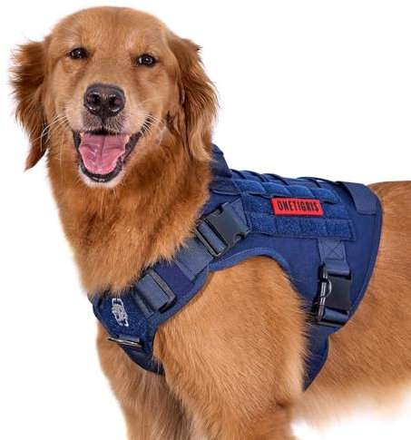 OneTigris Hundegeschirr, FIRE WATCHER Taktische Geschirr Sicherheitsgeschirr Hunde Hundeweste mit 1 Griffe und 2 D-Ring 1000D Nylon (L, Blau)