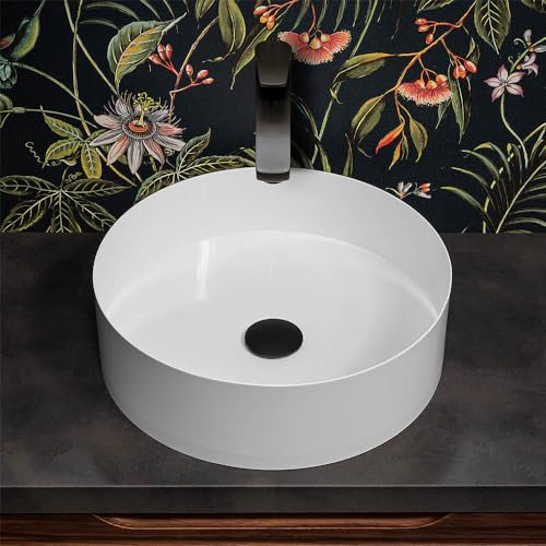 Inbagno Lavabo da appoggio Tondo 40 cm in Acciaio Inox, Finitura Bianco Opaco e profondità 9,5 cm, Goya