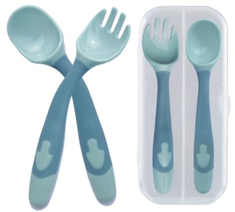 2PCS Kleinkinder Fütterung Training Löffel und Gabel Geschirr,Baby Utensilien Löffel Gabeln Set, Easy Grip Hitzebeständige Biegsame Lernlöffel Gabeln für Kinder