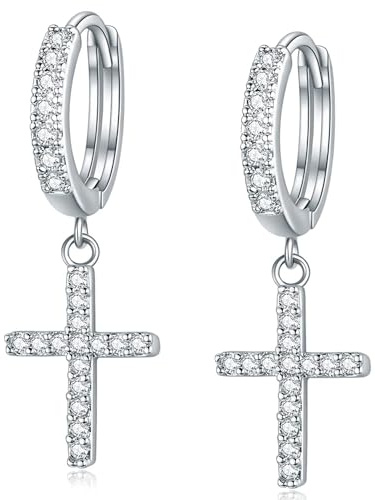 Kreuz Ohrringe Silber 925 Creolen Huggie Hoop Ohrringe für Frauen, Zierlich Kreuz Ohrringes mit glänzenden Zirkon Creolen Silber 925 klein Hypoallergene Jewerly für Mädchen Kind