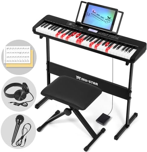 MUSTAR 61 Key Lighting Keyboard Piano, mit Touch Funktion, Digital Piano Keyboard für Anfänger, E Piano mit Intelligentem Unterricht, Klavierständer, Klavierhocker, Kopfhörer und USB Funktion, Tragbar