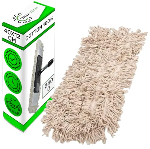 Têtes de Vadrouille Mop Serpillere de Remplacement Réutilisables 40x12 cm - Fabriquées en 100% Coton de Haute Qualité - Absorbent de Grandes Quantités Eau - Facile à Remplacer - ONIX TECH