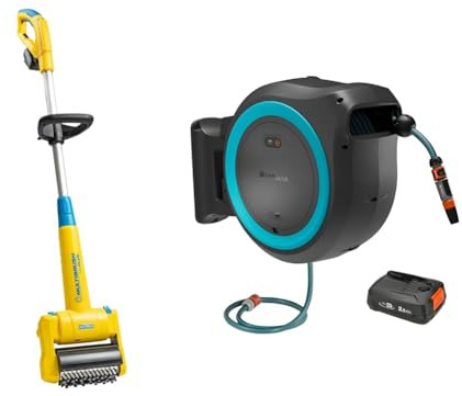 GARDENA Akku-Wandschlauchbox PowerRoll XL & GLORIA MultiBrush: zur Pflege und Säuberung von Terrassen, Gehwegen und Hofauffahrten, erweiterbar dank POWER FOR ALL System-Akku